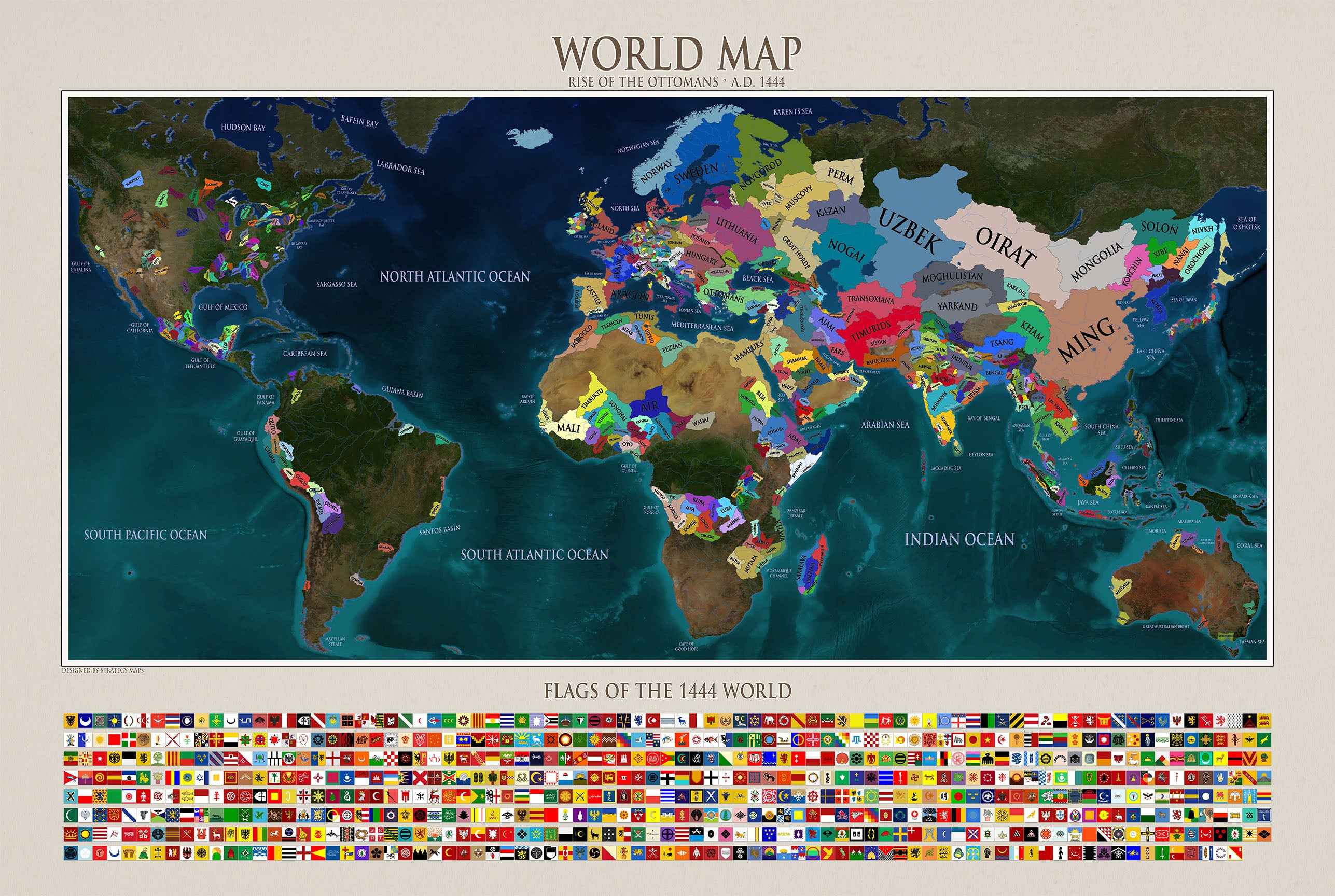 1444 World Map Poster - Political Map with Historical Countries & Flags